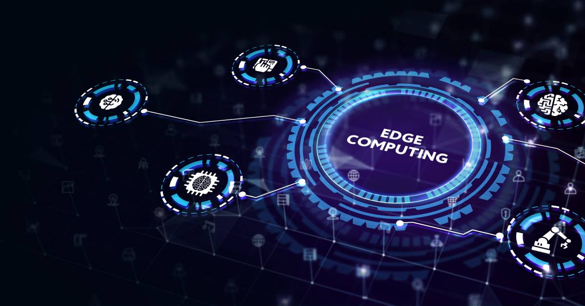 A graphic that says “edge computing” connects to other tech-related symbols on a virtual screen.