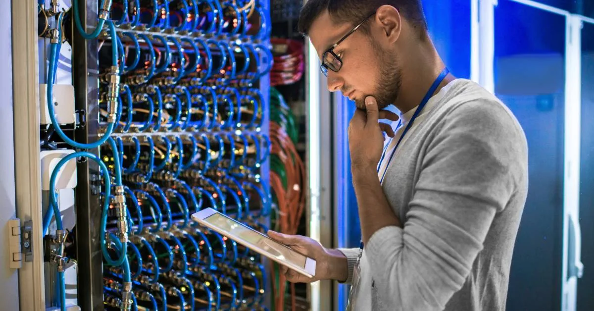 A man standing in front of a server rack that contains many cables. He is touching his chin while looking down at a tablet.